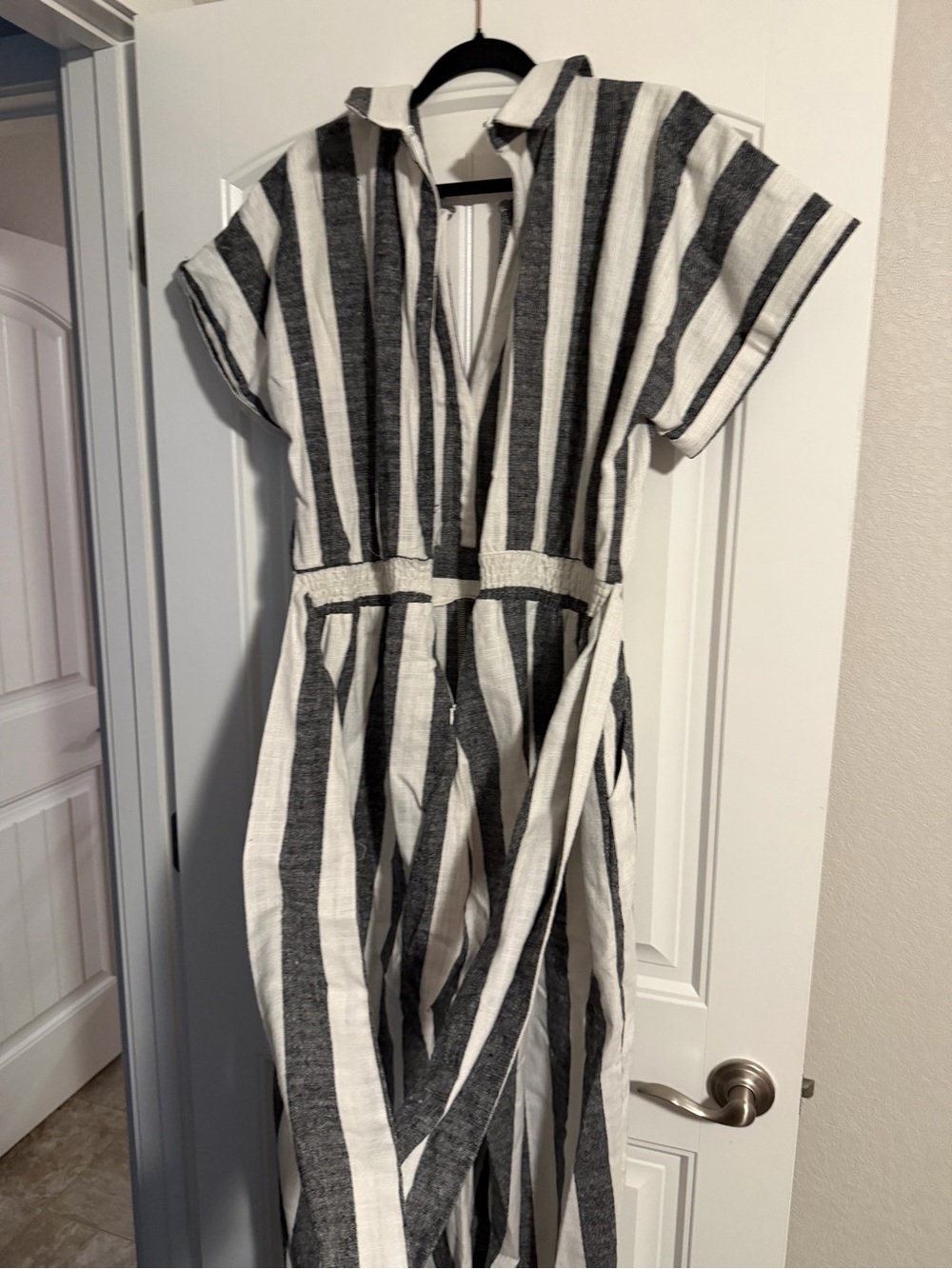Striped V-Neck Short Sleeve Pant Jumpsuit Black & White - Picture 2 of 3